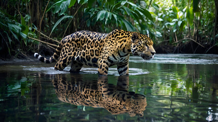Naklejka premium A sleek jaguar carefully stepping through a shallow jungle river, its reflection visible in the clear water, surrounded by dense tropical trees