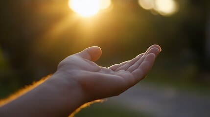 Gentle hand reaching out towards warm sunlight symbolizing hope and connection : Generative AI