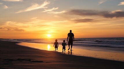Father and Children Walking on the Beach at Sunset Silhouette : Generative AI