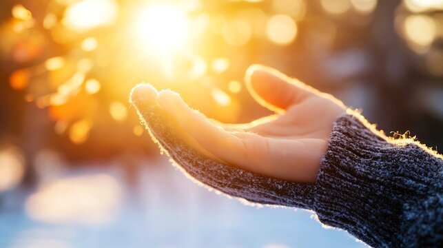 Outstretched Hand Embracing the Sunrise in a Magical Moment of Connection with Nature : Generative AI