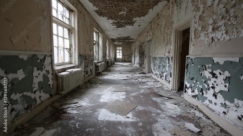 Poster abandoned and decaying hallway with peeling paint and distressed walls creating eerie atmosphere : g