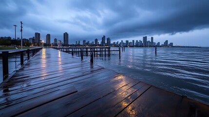 Serene City Skyline at Dusk with Stormy Clouds and Reflections on Water : Generative AI