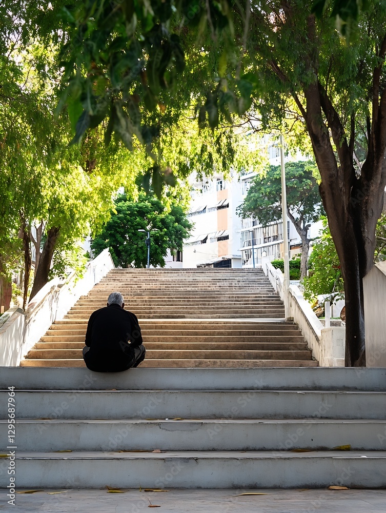 Poster elderly man sitting on stairs in a lush green park creating a serene moment of reflection : generati