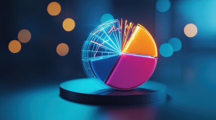Fototapeta premium Vibrant and modern 3D pie chart showcasing data analytics in a captivating neon style. Perfect for presentations, reports, and digital content creation.