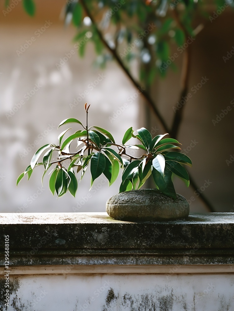 Aufkleber miniature bonsai tree elegantly displayed on a stone creating a serene garden atmosphere : generativ