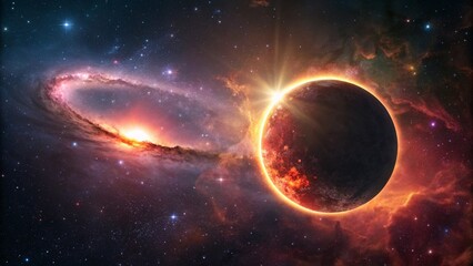 Obraz premium Glowing ring of fire eclipse with nebula backdrop