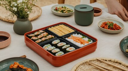 A bento box filled with sushi, rice, and other dishes on a table. Concept of healthy eating, picnic, and Japanese cuisine.