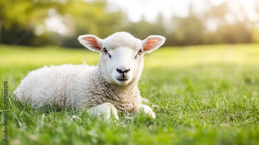Poster adorable baby sheep lying on grassy field enjoying a sunny day in a serene countryside setting : gen