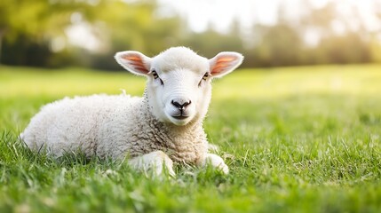 Obraz premium Adorable baby sheep lying on grassy field enjoying a sunny day in a serene countryside setting : Generative AI