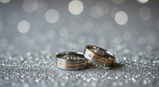 Two elegant wedding rings on a sparkling silver background, symbolizing love and commitment.