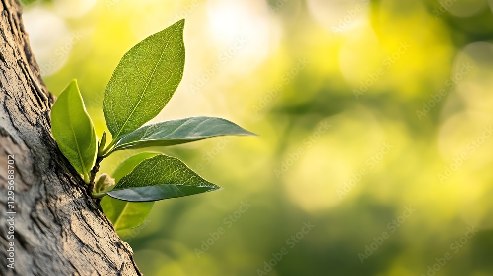 Poster fresh green leaves sprouting from a tree branch in soft natural sunlight : generative ai
