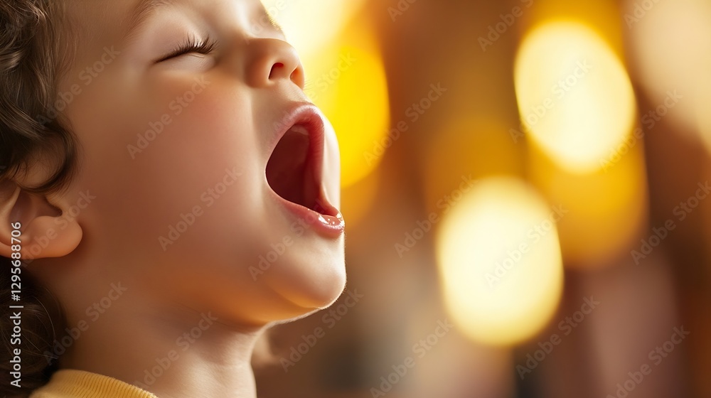 Poster cute child yawning widely with bright bokeh lights in the background : generative ai