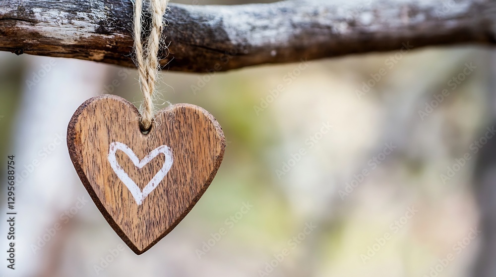 Poster a rustic wooden heart ornament hanging from a branch evoking feelings of love and connection in a na