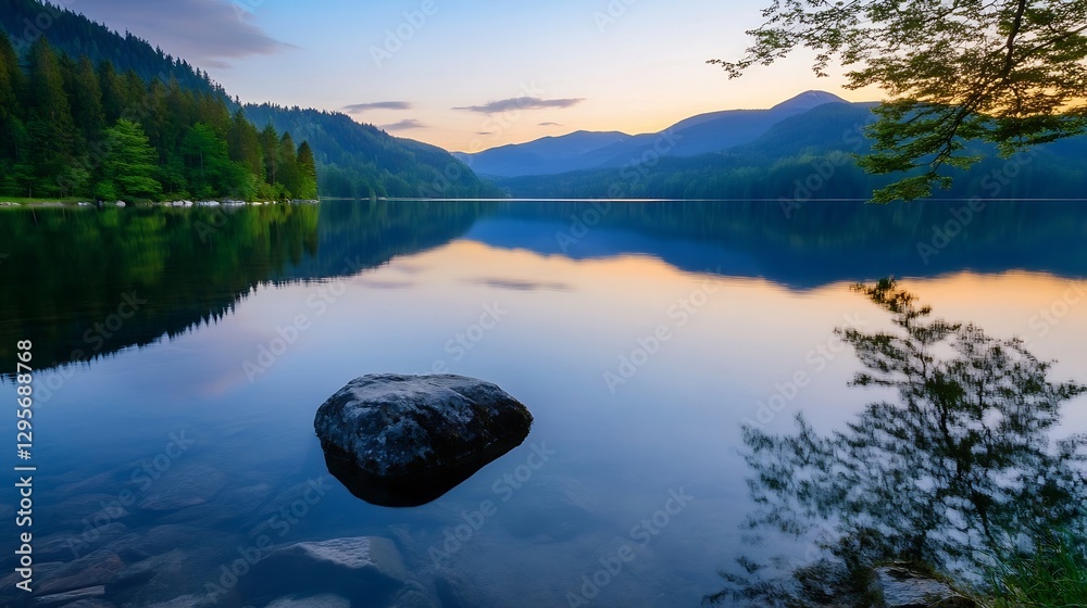 Aufkleber calm lake at sunrise surrounded by mountains and forest creating a tranquil atmosphere : generative 