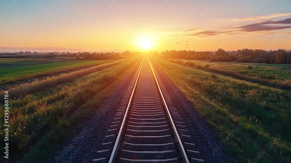 Aufkleber serene sunset view over empty railway tracks stretching into a vibrant horizon : generative ai