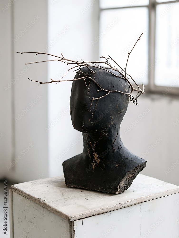 Aufkleber Artistic sculpture head created from dark material and adorned with natural branches as a unique feature : Generative AI