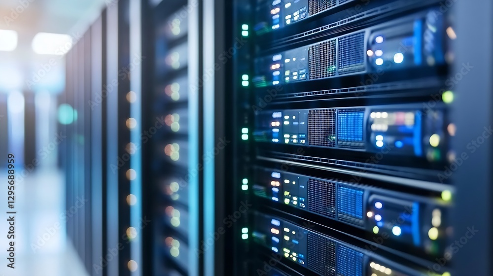 Fototapete Hightech server room showcasing a row of powerful data servers with glowing indicators : Generative AI