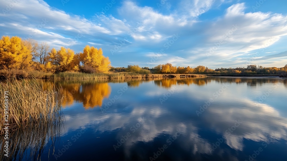 Poster scenic autumn reflections on a calm lake surrounded by golden trees under a blue sky : generative ai