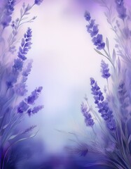 Obraz premium Wedding Invitation. A light purple or blue background with blurred silhouettes of lavender. An open space in the center