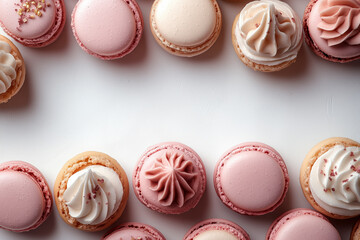 Artistic representation of macarons and cupcakes on a bright white backdrop, ideal for ads.