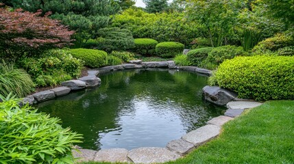 Fototapeta premium A tranquil pond surrounded by lush greenery and rocks in a serene garden setting. Perfect for nature, landscape, or relaxation themes.