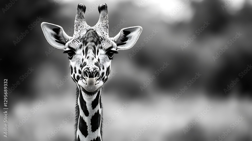 Poster close up of a majestic giraffe looking directly at the camera in black and white setting : generativ