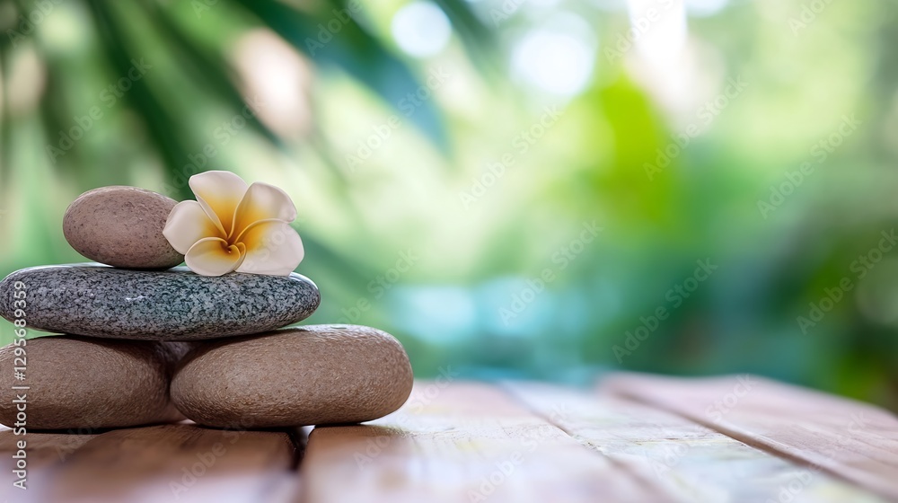 Poster stacked smooth stones with a delicate flower on a wooden surface in a serene setting : generative ai