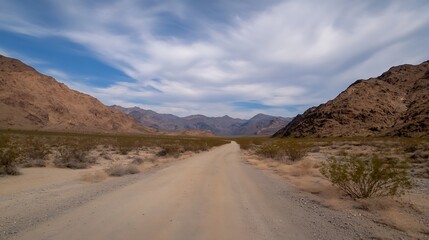 Dusty Desert Road Leading Through Mountains Under a Clear Blue Sky : Generative AI