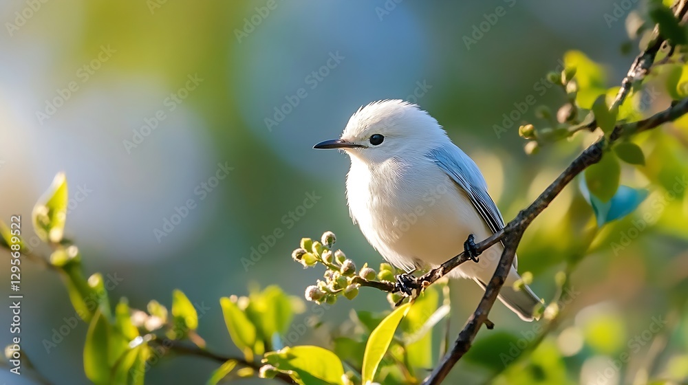Poster Delicate White Bird Perched on a Branch in a Bright Green Nature Setting with Soft Lights : Generative AI