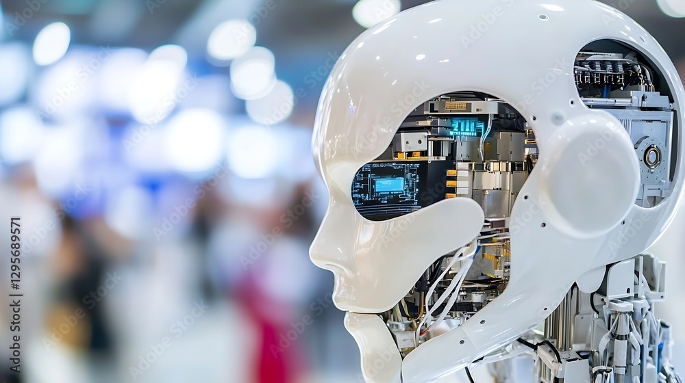Poster Close Up of Futuristic Robot Design with Electronic Components and Circuitry : Generative AI