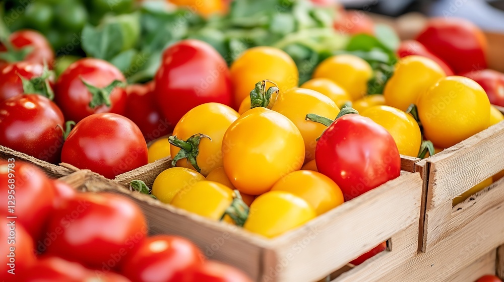 Poster fresh ripe tomatoes and yellow peppers displayed in wooden crates at a vibrant farmers market in ful
