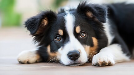 Adorable Collie Dog Laying Relaxed on a Wooden Surface Looking Intently at the Camera : Generative AI