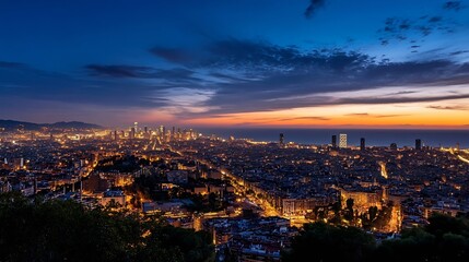 Panoramic View of a Cityscape at Twilight with Stunning Night Lights and Vibrant Colors : Generative AI