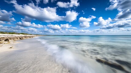 Pristine beach landscape with soft sand and gentle waves under a blue sky filled with fluffy clouds : Generative AI