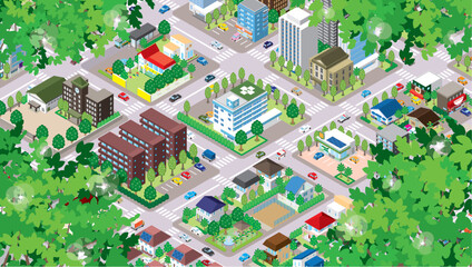 新緑の街並みイラスト.