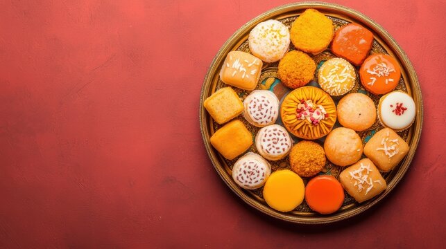 Assorted Indian sweets on a tray against a red background. Traditional mithai for Diwali festival. Top view.