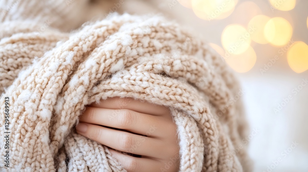 Poster warm cozy hand holding soft knitted blanket in a soft light and comfortable indoor setting : generat