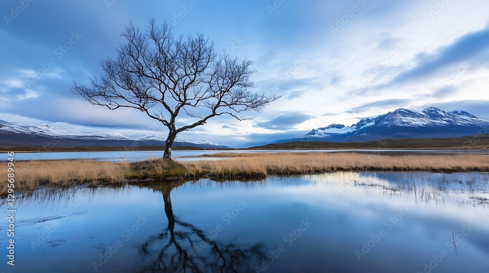 Aufkleber serene landscape with a lone tree and mountain reflections in a calm lake under a dreamy sky : gener