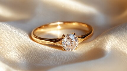 Gold Diamond Ring On Soft Fabric Background