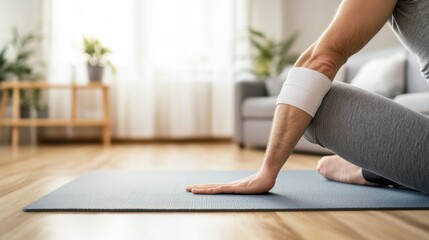 Obraz premium A person with an elbow injury practicing gentle yoga poses on a mat in a spacious living room. Featuring healing and flexibility