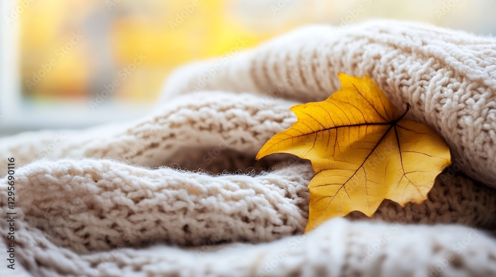 Poster autumn cozy scene featuring a maple leaf on a soft knit blanket : generative ai