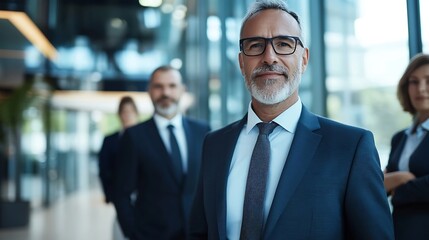 Professional team of business experts standing together in a modern corporate office showcasing confidence and leadership : Generative AI