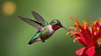Naklejka premium A tiny hummingbird with shimmering green feathers hovering, drinking nectar from a bright red flower with its long beak