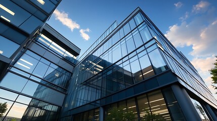 Modern Glass Building Capturing Bright Sky Reflections Under Natural Light : Generative AI