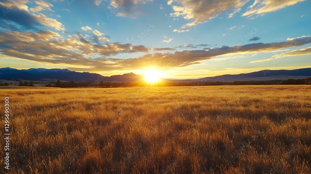 Poster golden sun rising over a vast field of grass under an expansive sky filled with clouds : generative 
