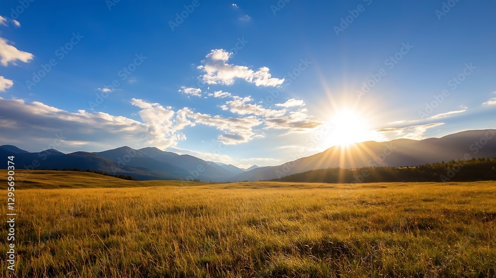 Poster breathtaking mountain scenery with golden sunlight beaming over an open field at sunrise : generativ