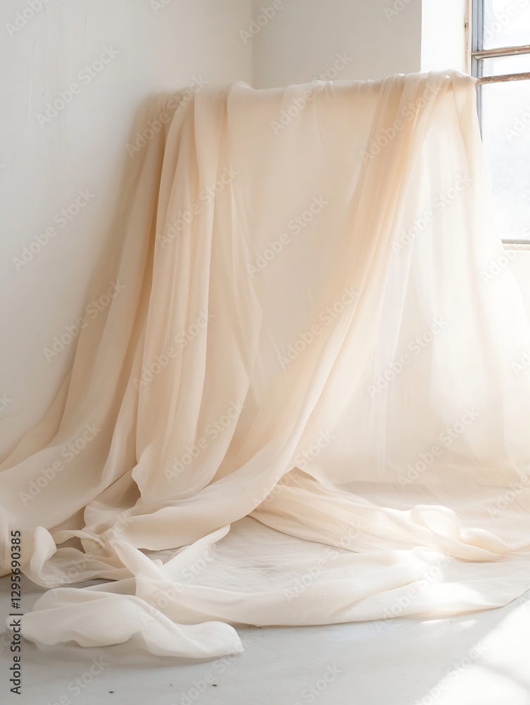 Poster Soft and delicate light beige fabric draping gracefully in an aesthetic indoor setting with natural light : Generative AI