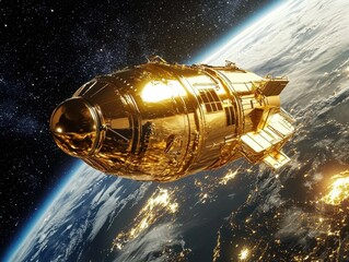 Obraz premium Golden interstellar shuttle orbiting Earth, reflecting sunlight and cosmic beauty