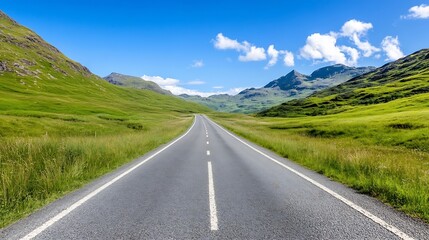 Naklejka premium Majestic mountain road leading through lush green valleys on a bright sunny day : Generative AI