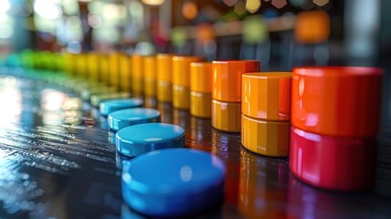 Colorful cylindrical and circular shapes arranged in a gradient row on a dark wooden surface.